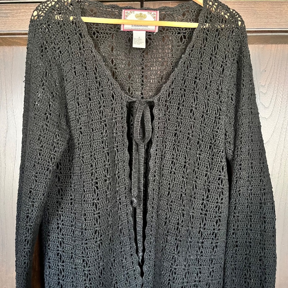 Vintage TIARA INTERNATIONAL Crochet Cardigan Sweater M Black Y2K Boho Goth - Picture 2 of 7